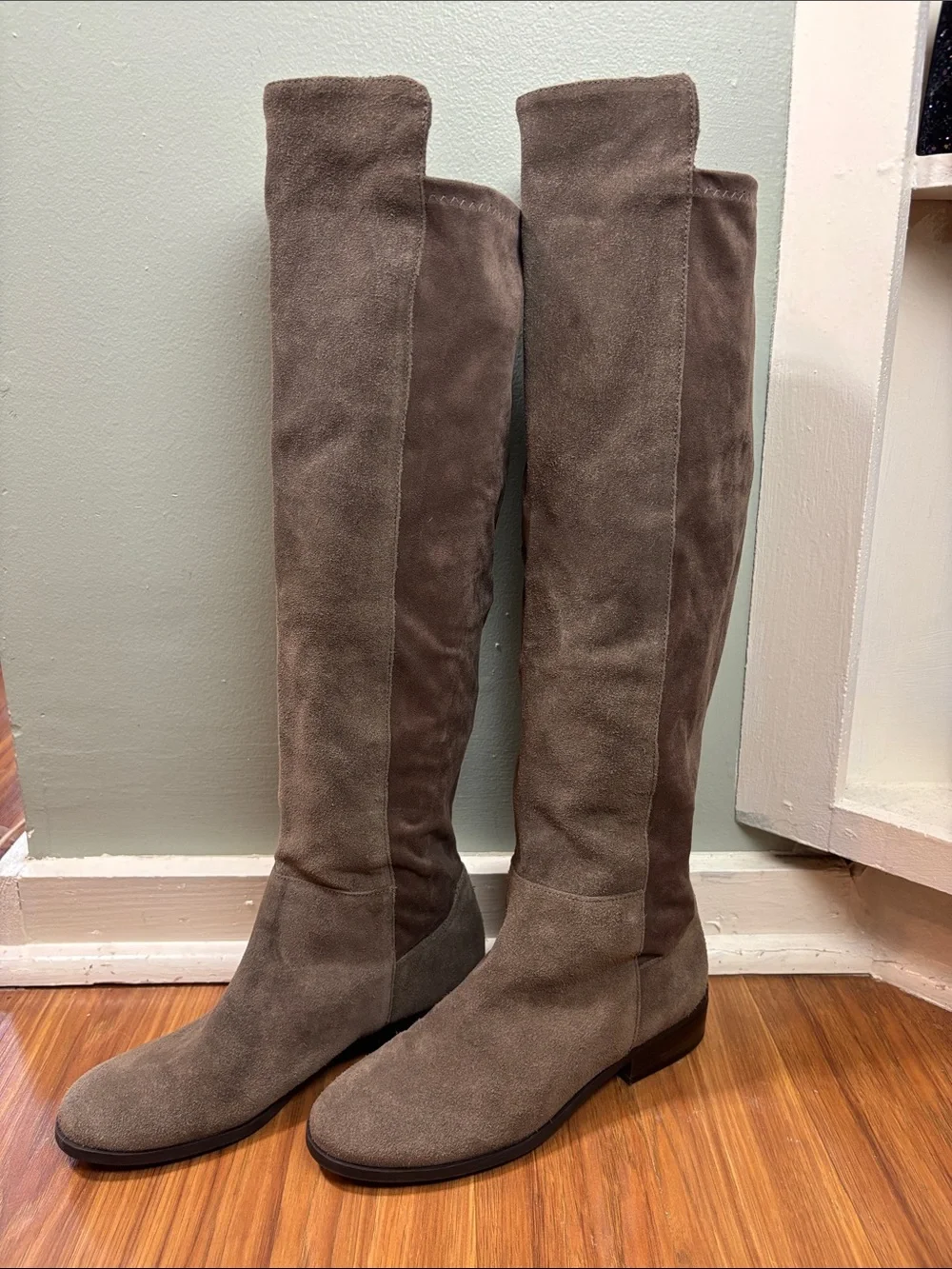 Lucky Brand Calypso Suede Leather Over the Knee Taupe/Gray Tall Boots OTK Flat